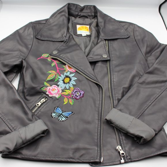 C&C California Other - C&C California Dark Grey Embroidered Faux Leather Girls Biker Jacket Size 12